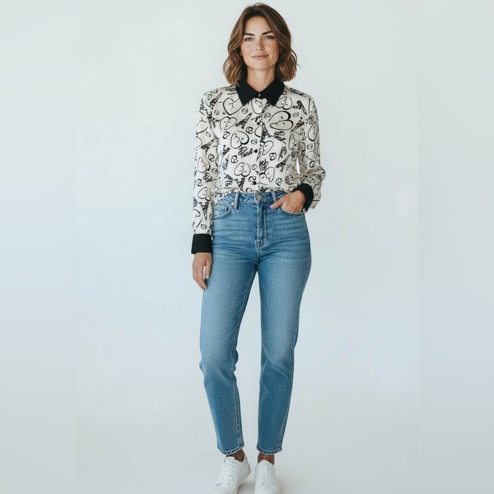 Catherine Malandrino Paris Print Blouse Black Collar Size S Button Down